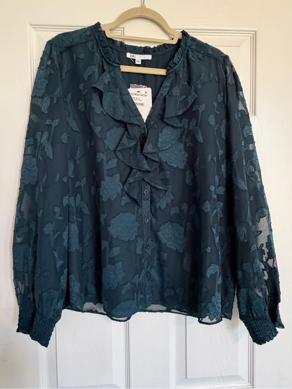 DR2 Teal Floral Ruffle Button-Front Blouse - Women
